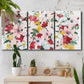 Three-panel canvas wall art featuring joyful spring floral composition, displayed in a boho-chic entryway above a console table.