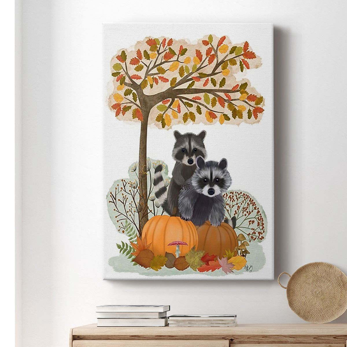 Raccoons On Pumpkins Under Tree Premium Gallery Wrapped Canvas - Ready to Hang