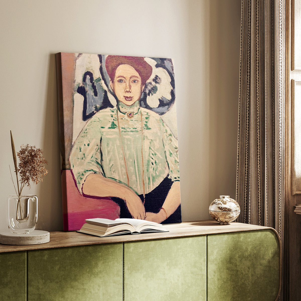 Canvas art print of a stylized figure with relaxed posture and muted palette styled in a home decor setting.