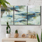Three-panel canvas wall art featuring dreamlike abstract drifting motion, displayed in a boho-chic entryway above a console table.