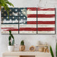 Three-panel canvas wall art featuring rustic american flag country style, displayed in a boho-chic entryway above a console table.