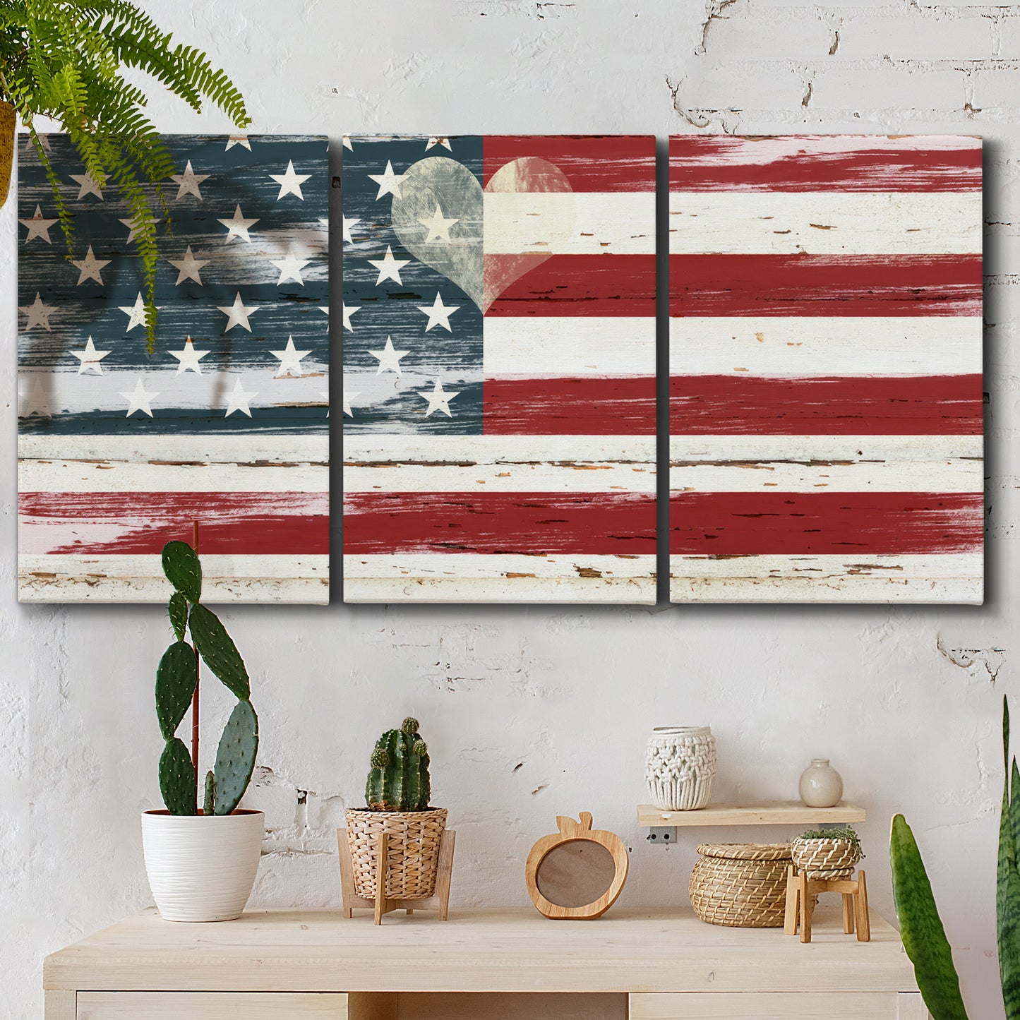 Three-panel canvas wall art featuring rustic american flag country style, displayed in a boho-chic entryway above a console table.
