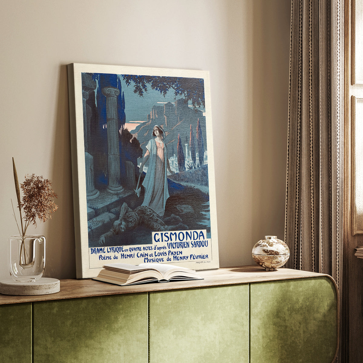 Canvas art print of a stylized female figure with rich detail and elegant lines styled in a home decor setting.