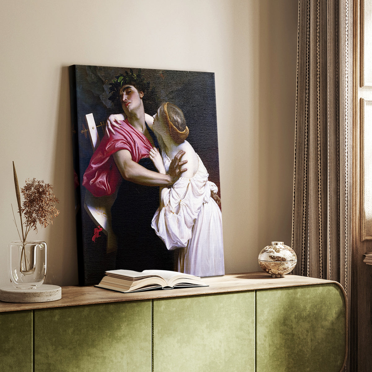 Canvas art print of a narrative composition with emotional gesture and flowing forms styled in a home decor setting.