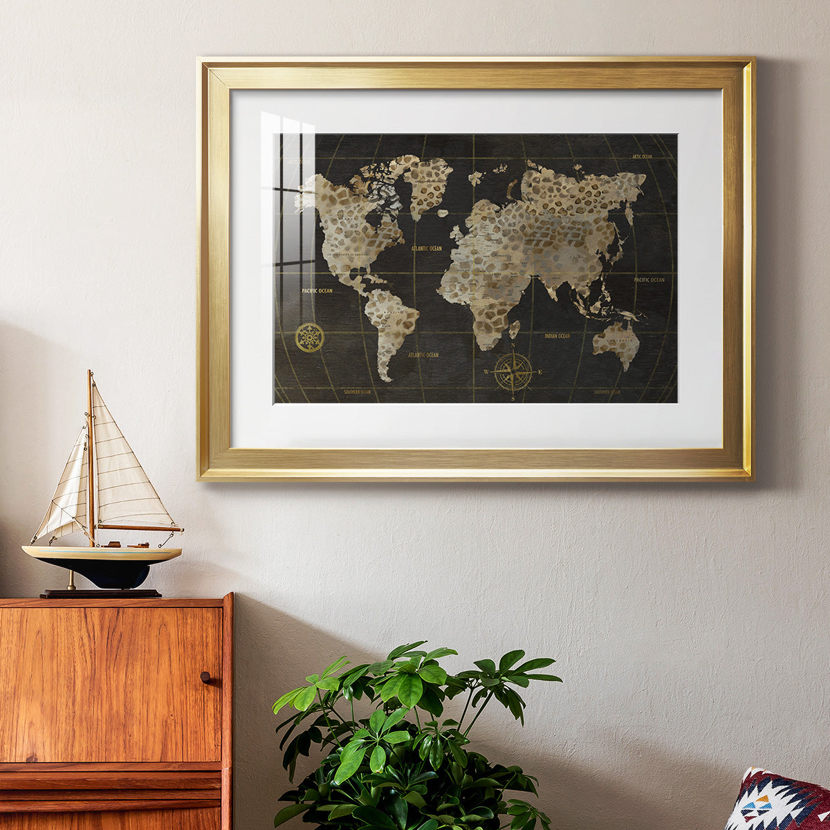 Safari World Map - Modern Framed Art Print