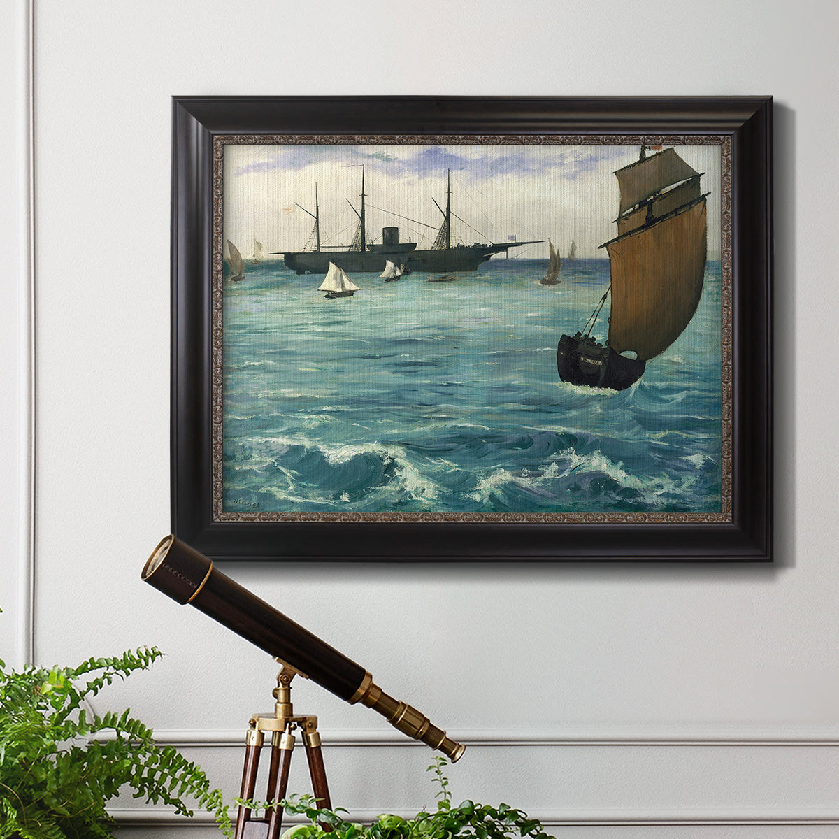 Impressionist naval seascape with the Kearsarge by Édouard Manet in an ornate black frame with gilded inner detail displayed in a light-toned interior setting.