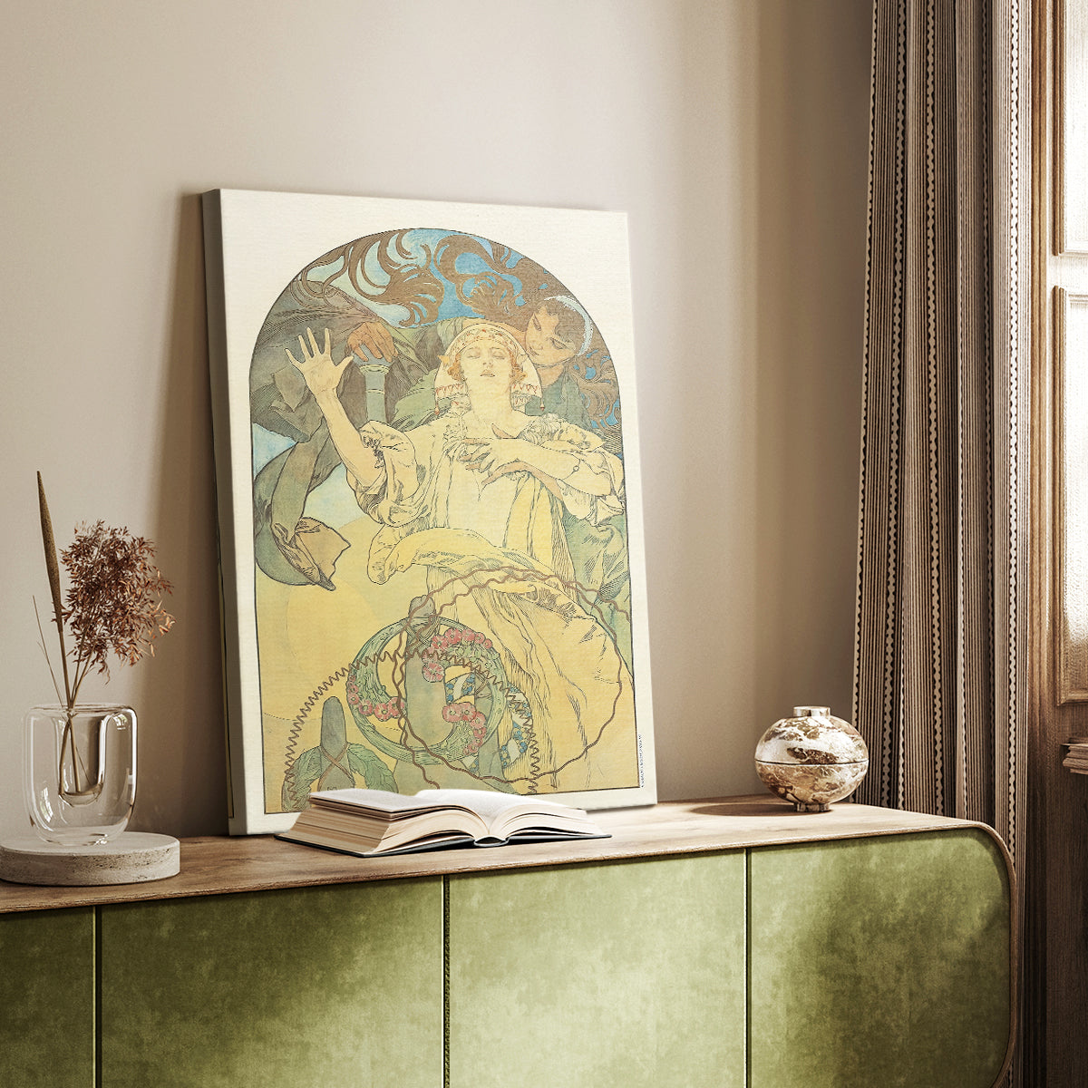Canvas art print of a vintage advertisement featuring a stylized female figure and typography styled in a home decor setting.