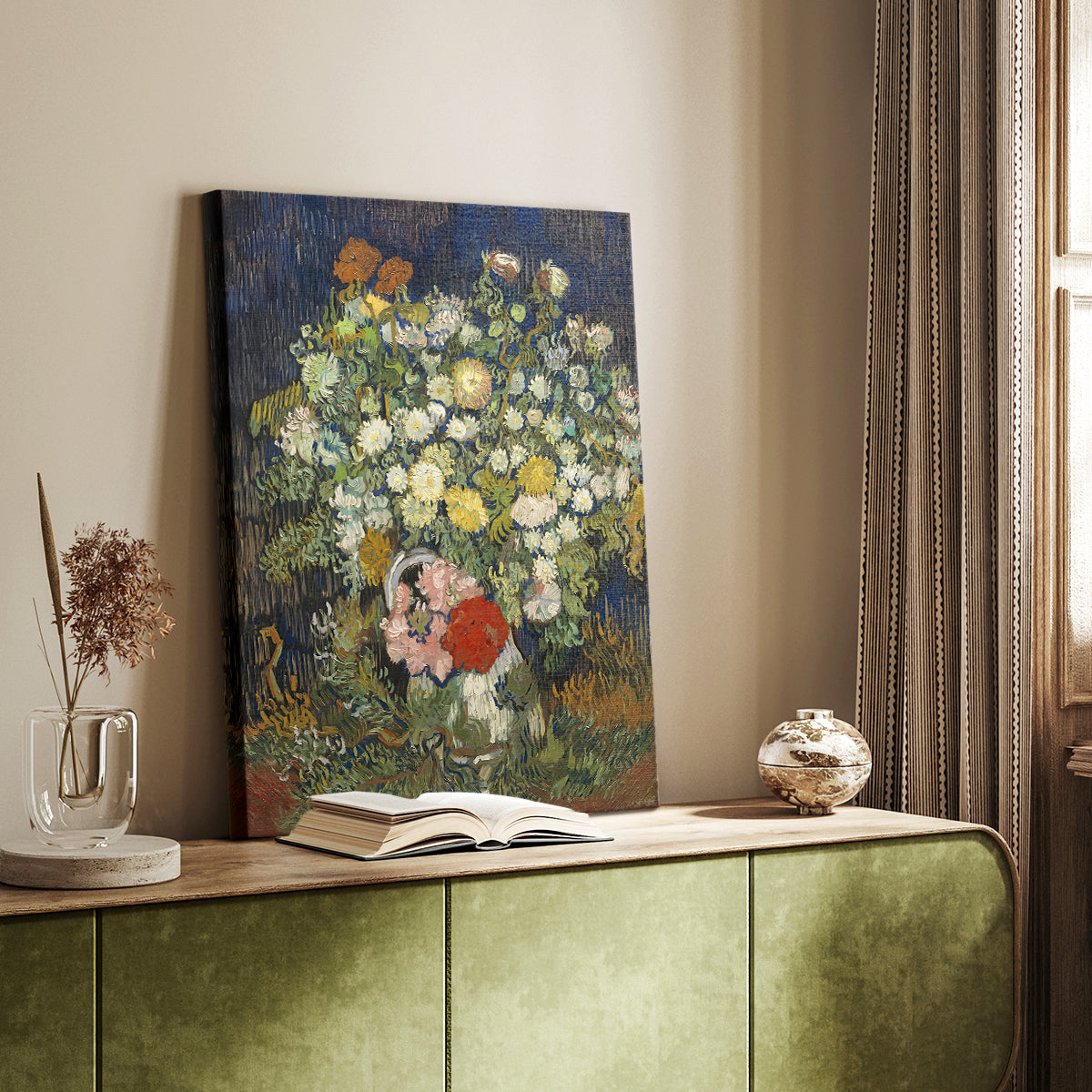 Canvas art print of a vibrant floral arrangement with textured strokes and bright tones styled in a home decor setting.
