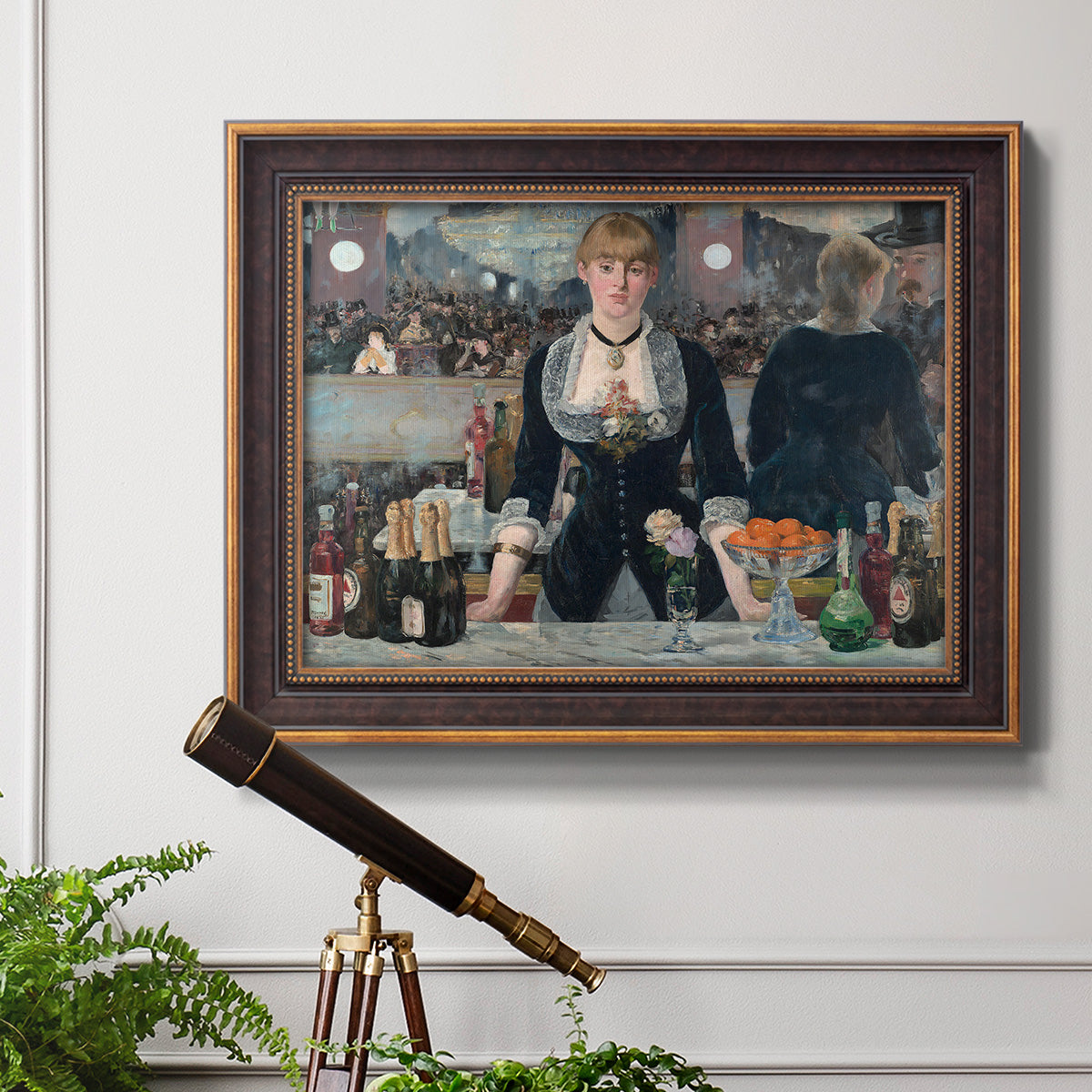 Iconic impressionist café bar scene by Édouard Manet in an ornate bronzed mahogany wood frame displayed in a light-toned interior setting.