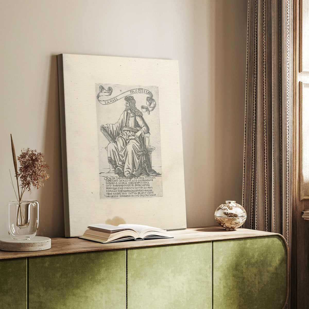 Canvas art print of a classical figure with etched lines and clear structure styled in a home decor setting.
