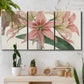 Three-panel canvas wall art featuring vintage styled amaryllis floral study, displayed in a boho-chic entryway above a console table.