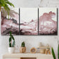 Three-panel canvas wall art featuring soft pink abstract scenic layers, displayed in a boho-chic entryway above a console table.
