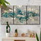 Three-panel canvas wall art featuring layered mineral abstract textures, displayed in a boho-chic entryway above a console table.