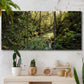 Three-panel canvas wall art featuring sun filtered woodland photograph, displayed in a boho-chic entryway above a console table.