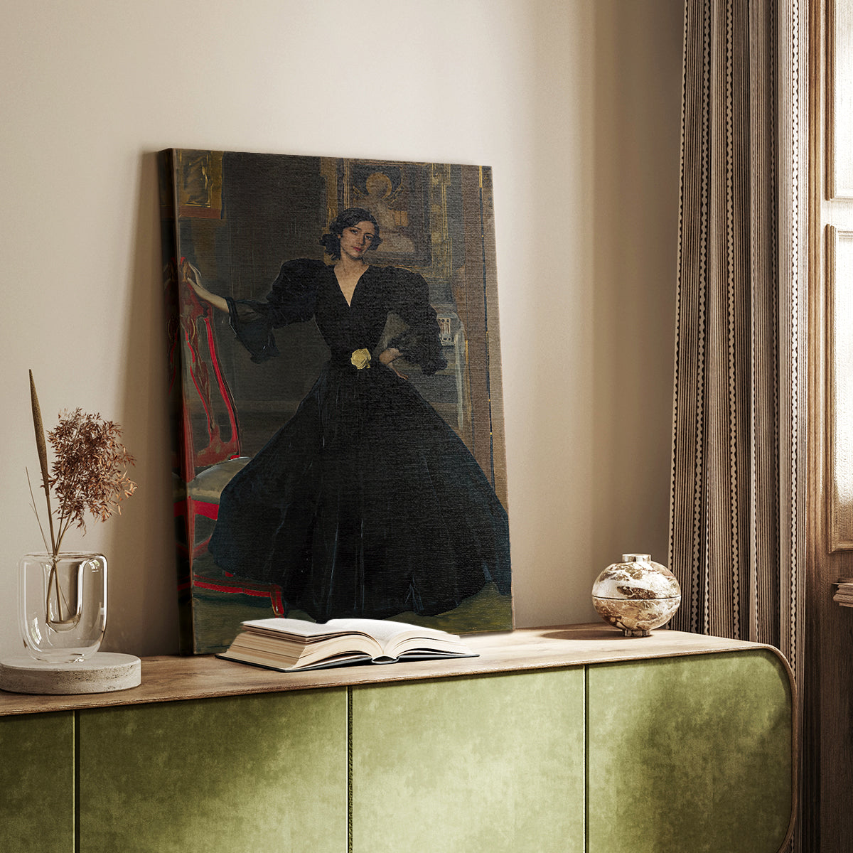 Canvas art print of a refined figure with dark tones and soft highlights styled in a home decor setting.