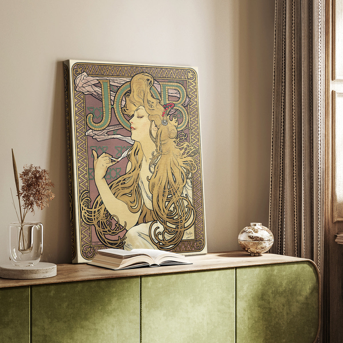Canvas art print of a vintage advertisement with a stylized woman and swirling hair styled in a home decor setting.