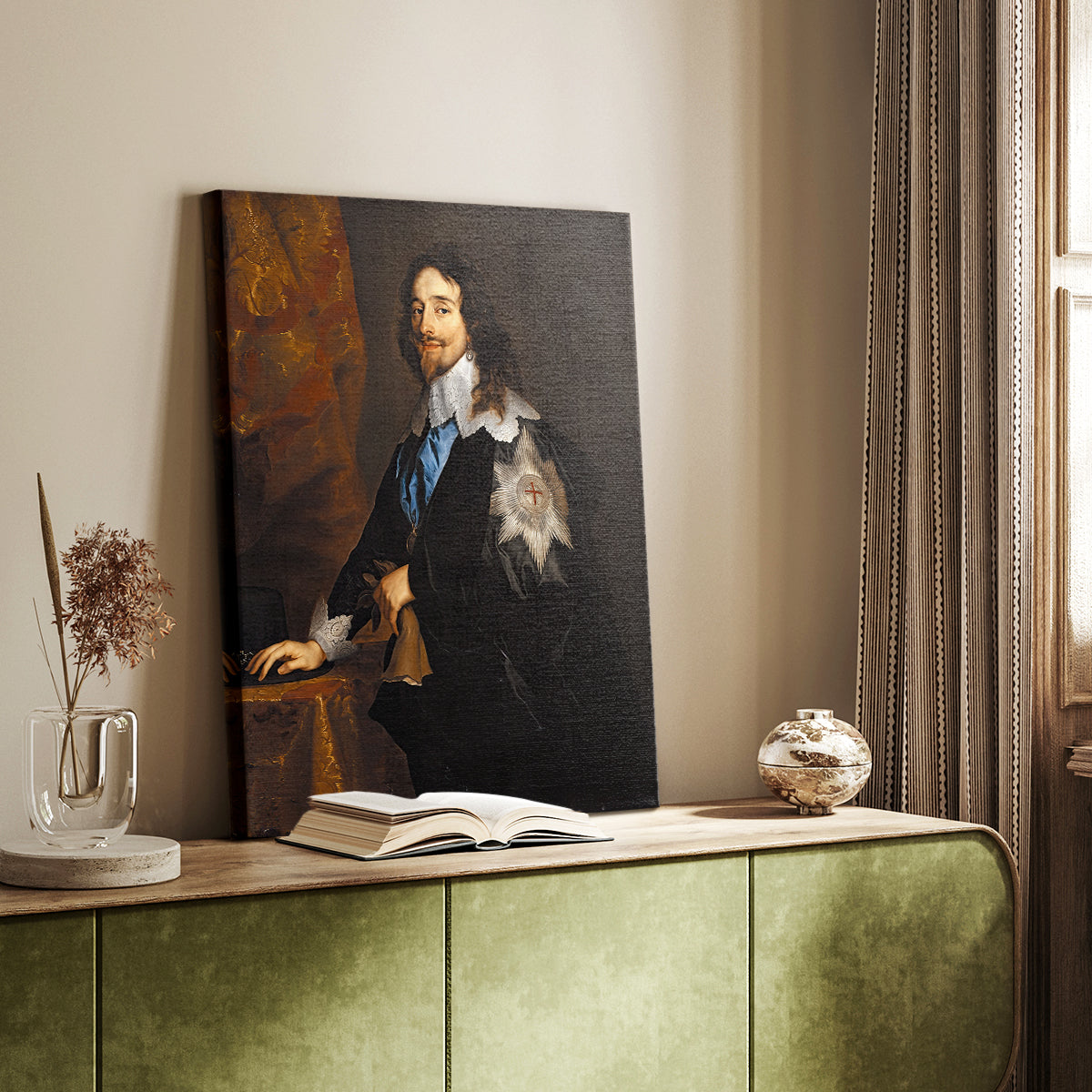 Canvas art print of a royal figure standing in formal clothing with rich textures styled in a home decor setting.