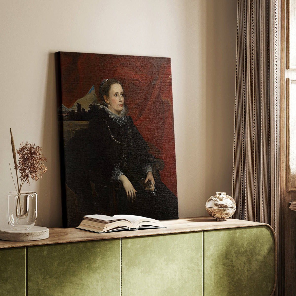 Canvas art print of a formal portrait of a woman with detailed gown and poised stance styled in a home decor setting.