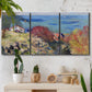 Three-panel canvas wall art featuring coastal village shoreline landscape, displayed in a boho-chic entryway above a console table.