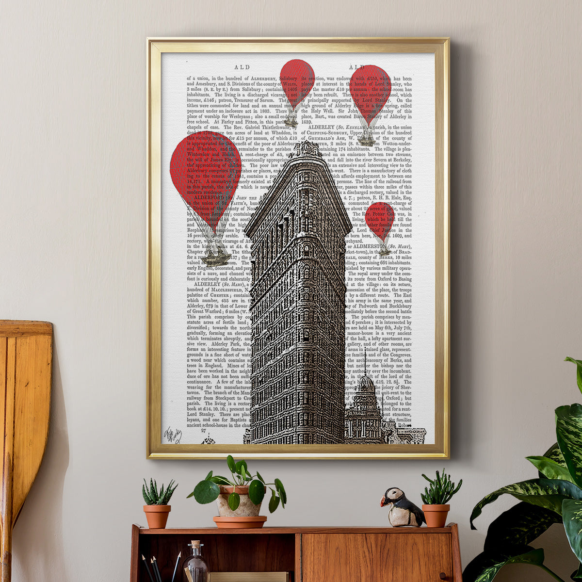 Flat Iron Building and Red Hot Air Balloons - Modern Framed Canvas Print