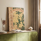 Canvas art print of a vintage advertisement featuring stylized floral motifs and typography styled in a home decor setting.