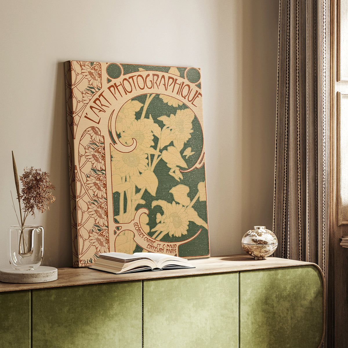 Canvas art print of a vintage advertisement featuring stylized floral motifs and typography styled in a home decor setting.