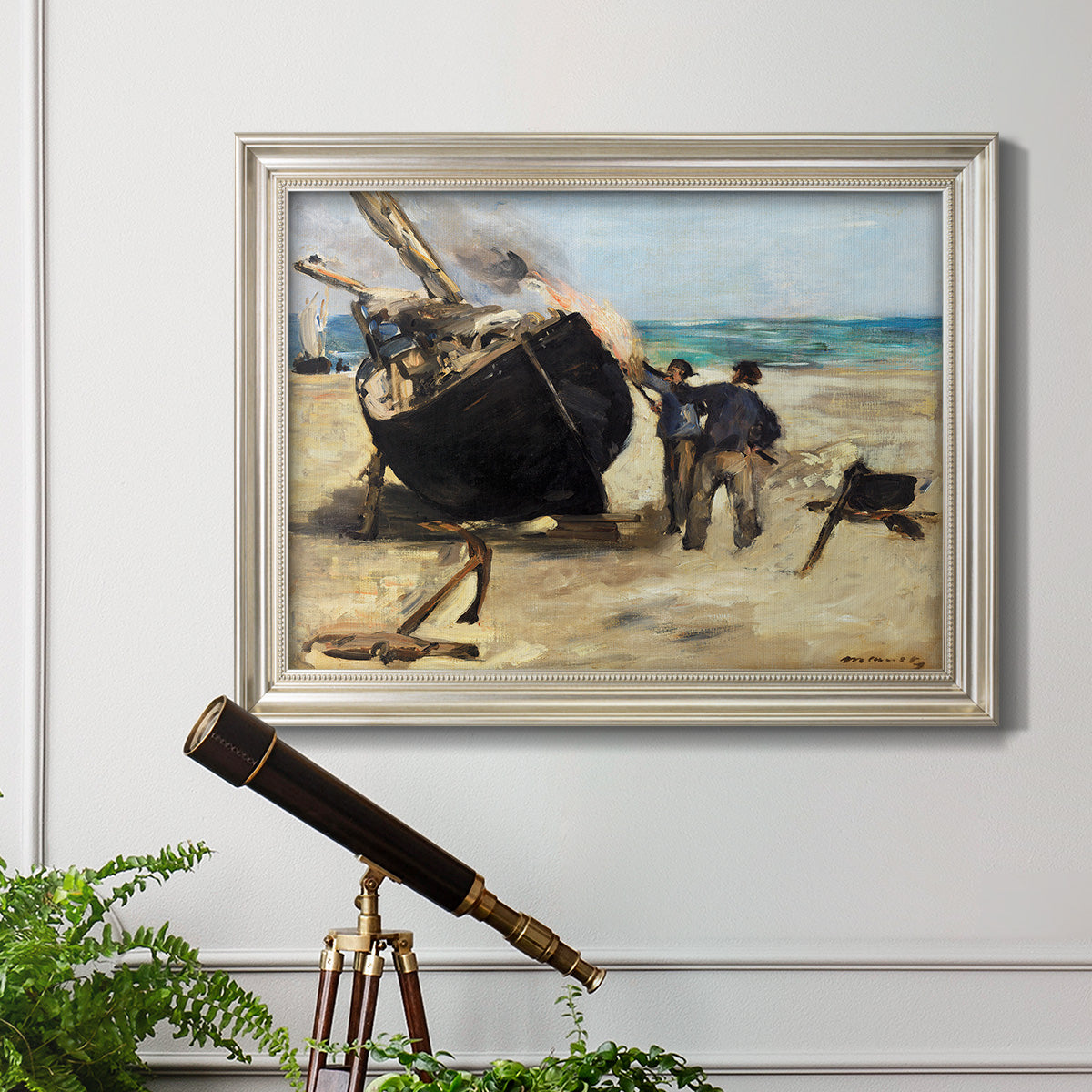 Impressionist nautical work scene by Édouard Manet in an ornate champagne frame displayed in a light-toned interior setting.