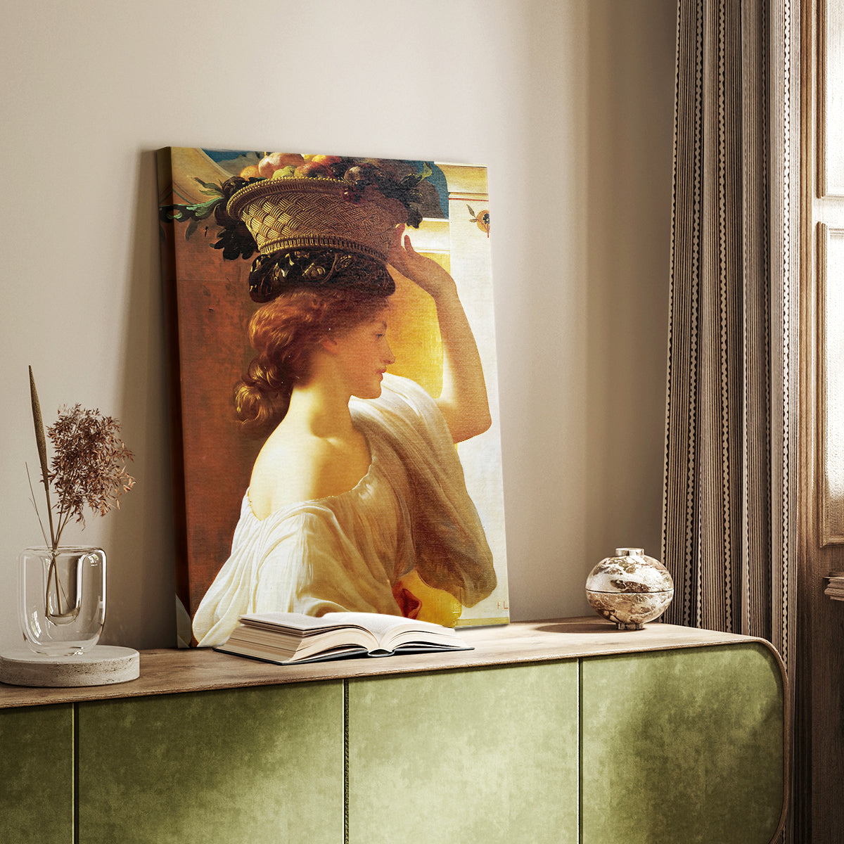 Canvas art print of a young figure with fruit and flowing garments styled in a home decor setting.