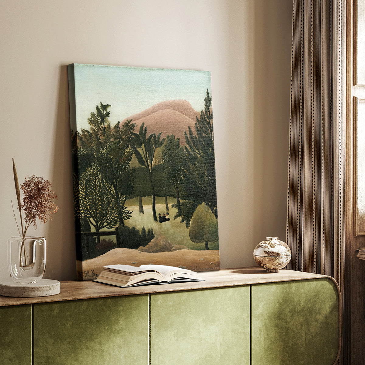 Canvas art print of a calm outdoor scene with simple forms and muted color styled in a home decor setting.