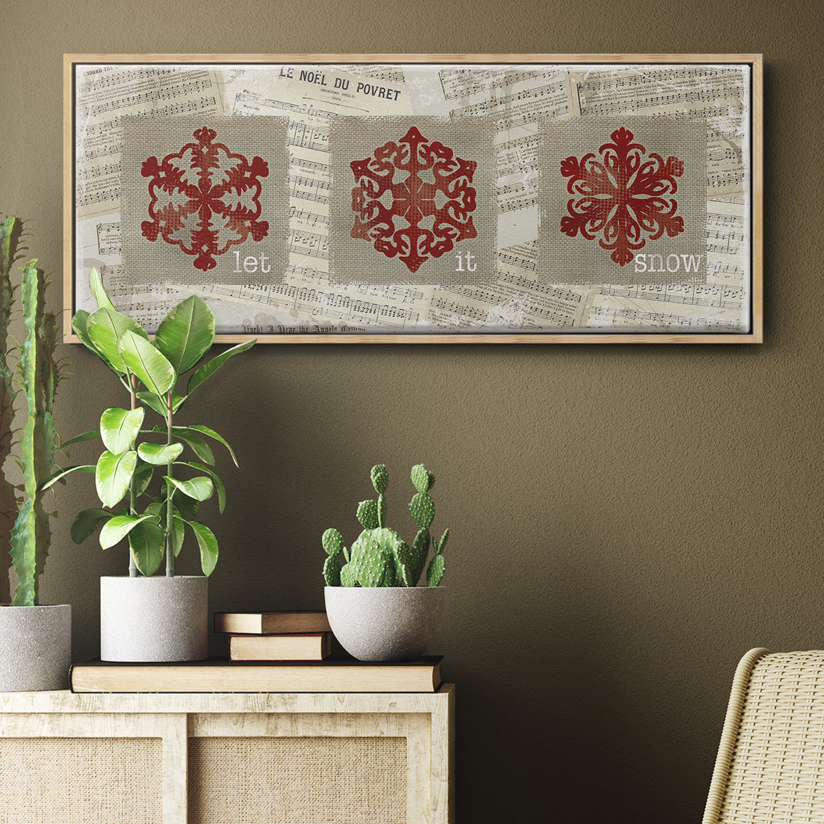 Burlap Music Snowflakes - Floater Framed Canvas Print