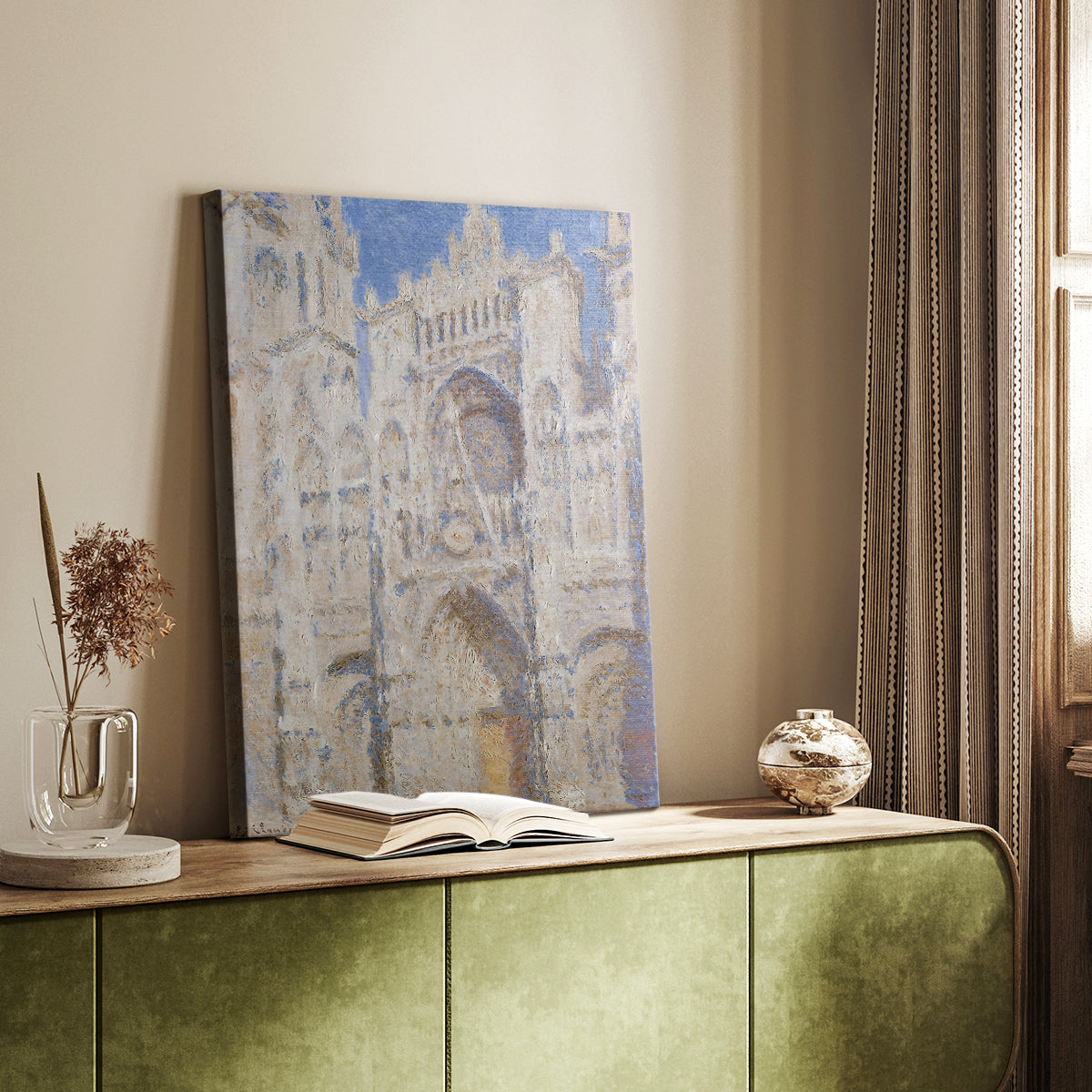 Canvas art print of an architectural study with textured brushwork and light effects styled in a home decor setting.