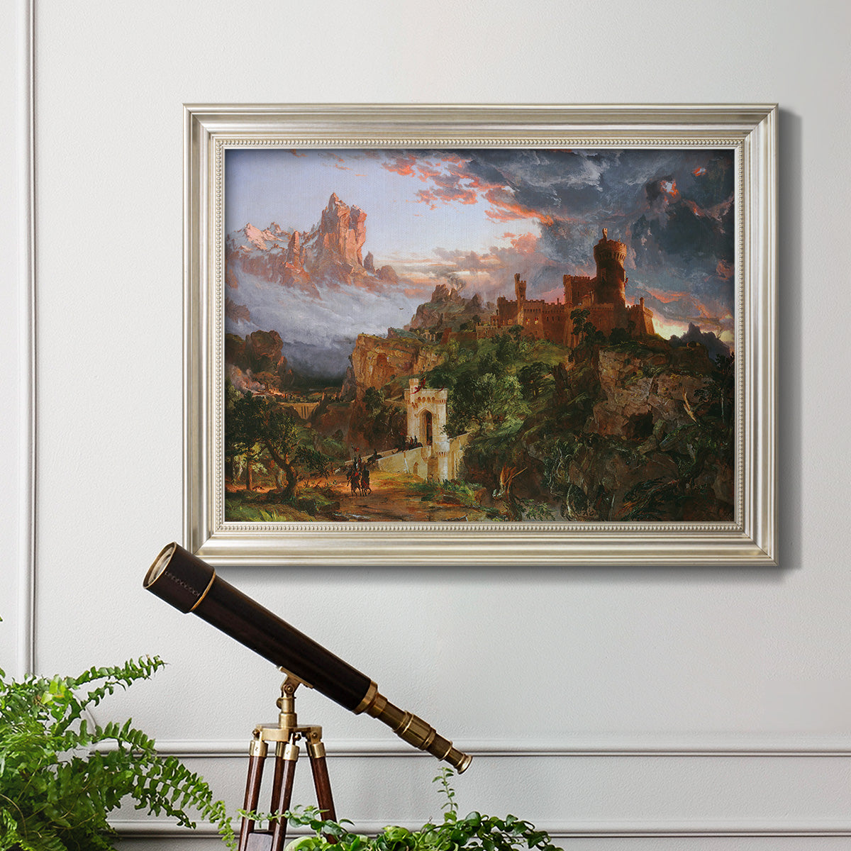 Romantic allegorical landscape painting by Jasper Francis Cropsey in an ornate champagne frame displayed in a light-toned interior setting.