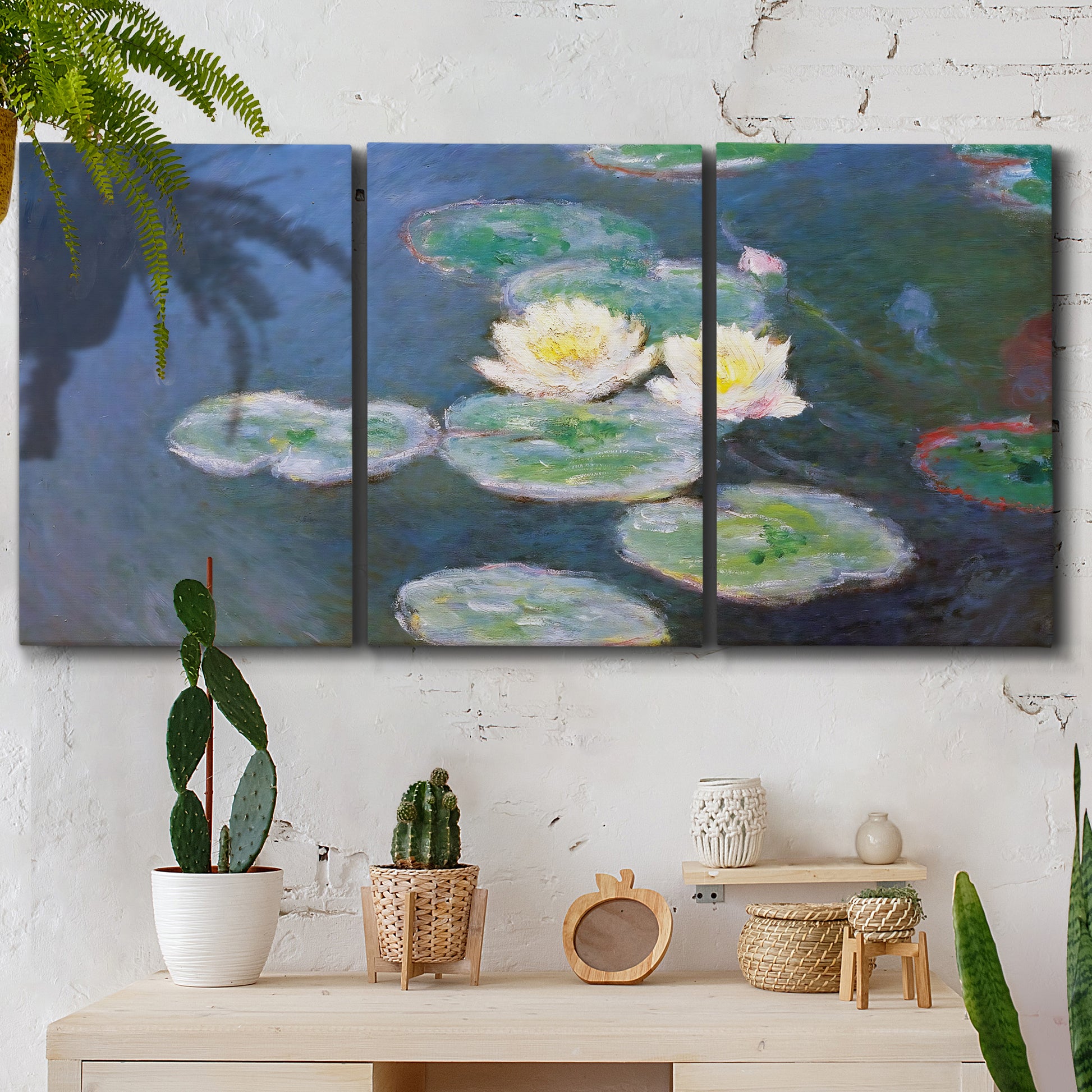 Three-panel canvas wall art featuring water lilies floating on pond, displayed in a boho-chic entryway above a console table.