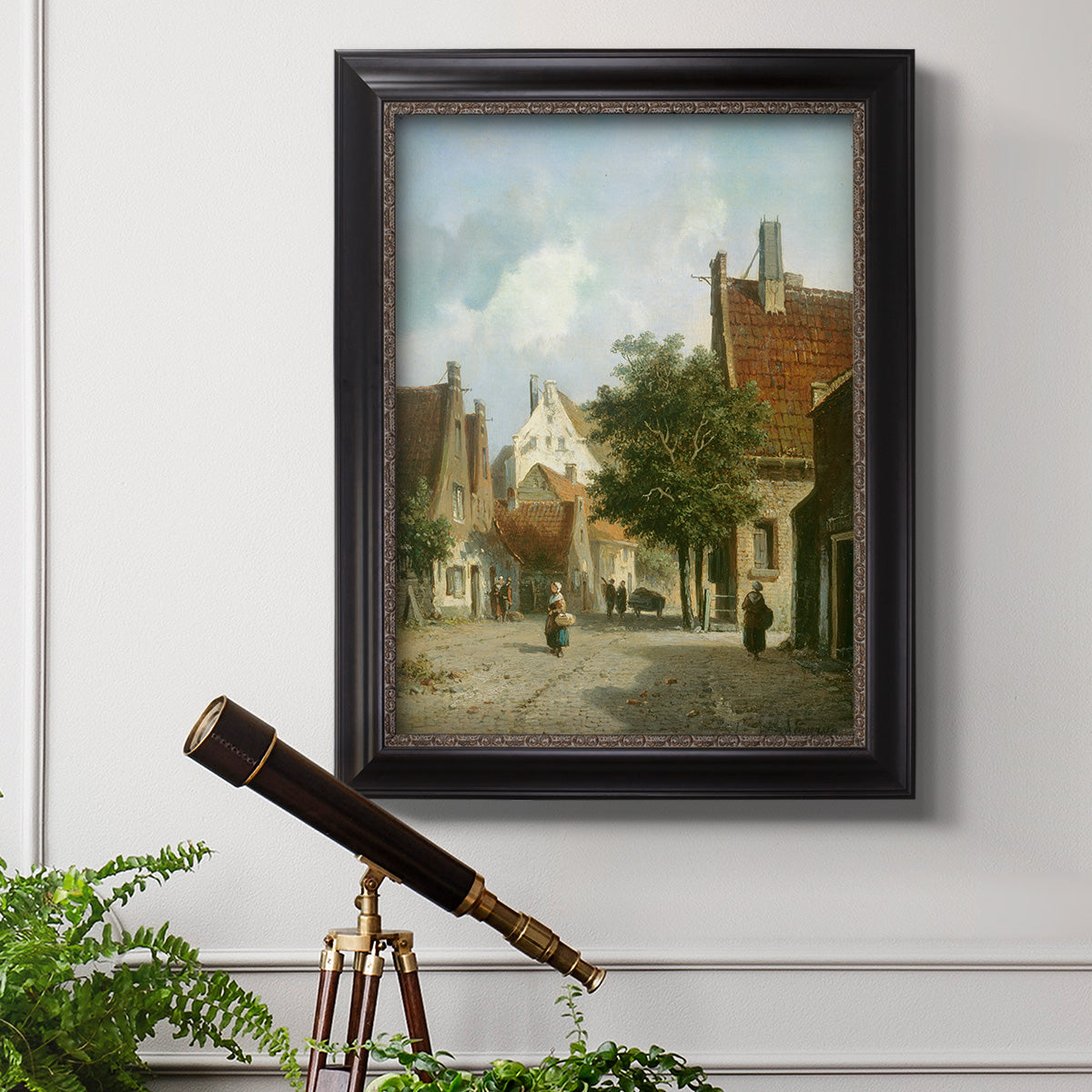 Rustic European street scene painting by Adriaan Eversen in an ornate black frame with gilded inner detail displayed in a light-toned interior setting.
