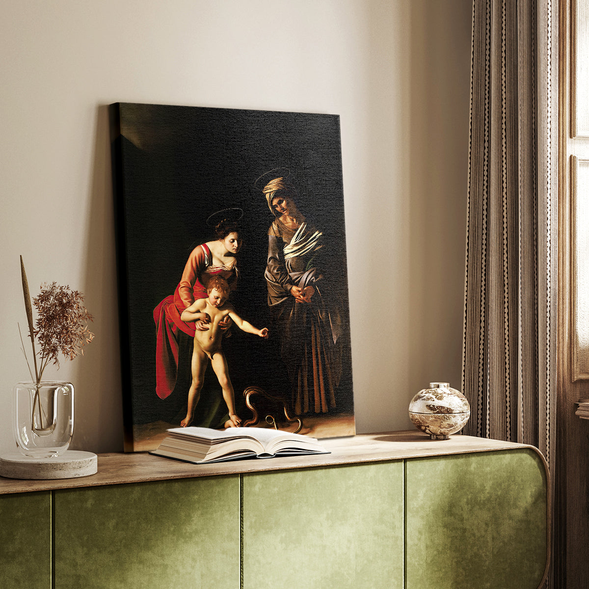 Canvas art print of a religious composition with figures arranged in a calm grouping styled in a home decor setting.