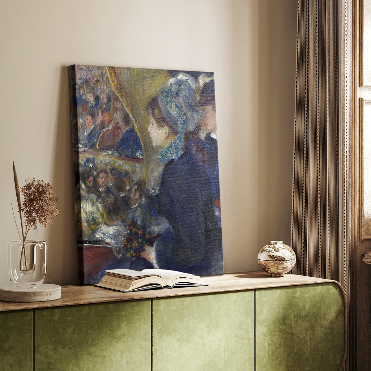 Canvas art print of a social setting with figures in formal dress and soft lighting styled in a home decor setting.