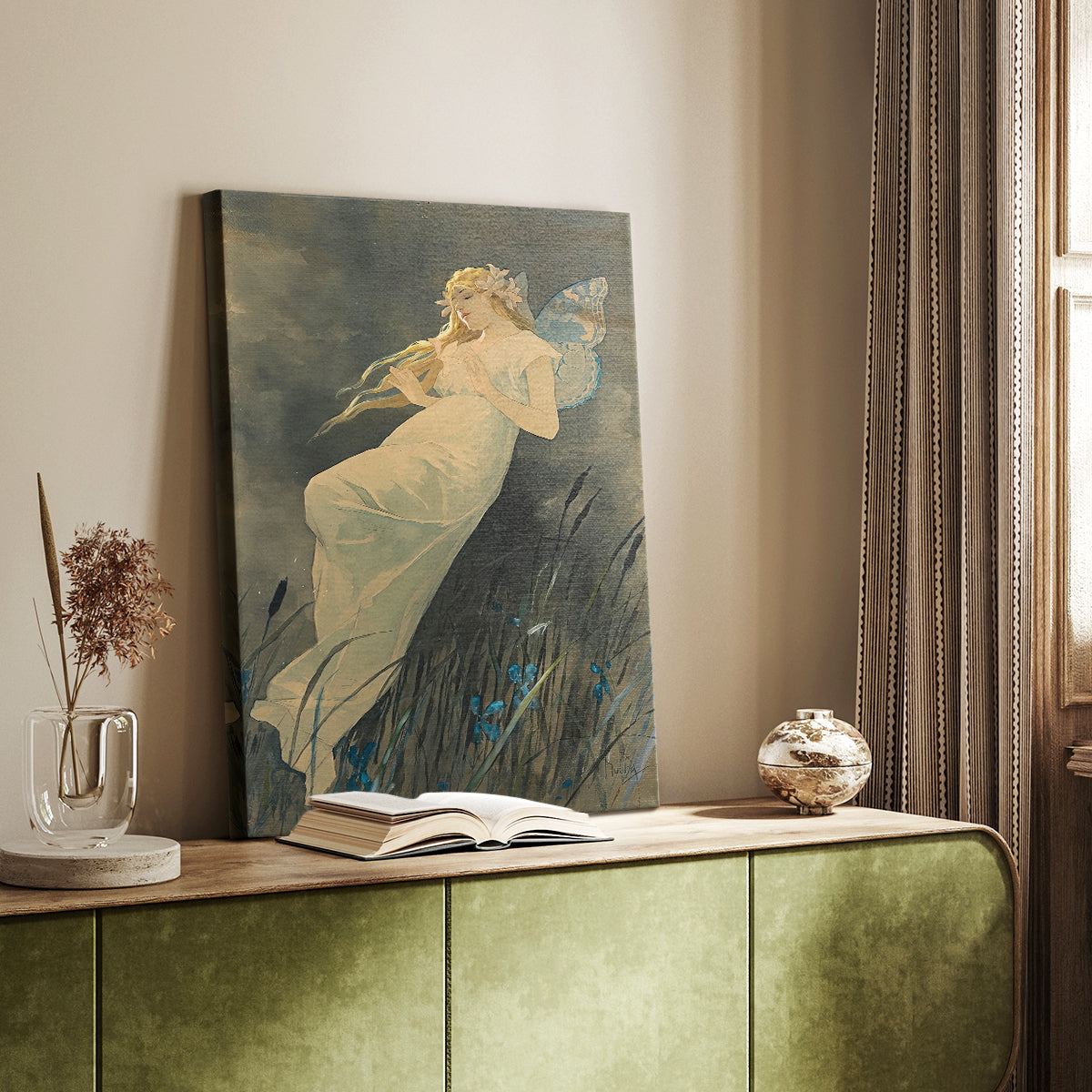 Canvas art print of a stylized fantasy figure surrounded by floral motifs and soft tones styled in a home decor setting.