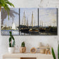Three-panel canvas wall art featuring small pleasure boats on calm water, displayed in a boho-chic entryway above a console table.