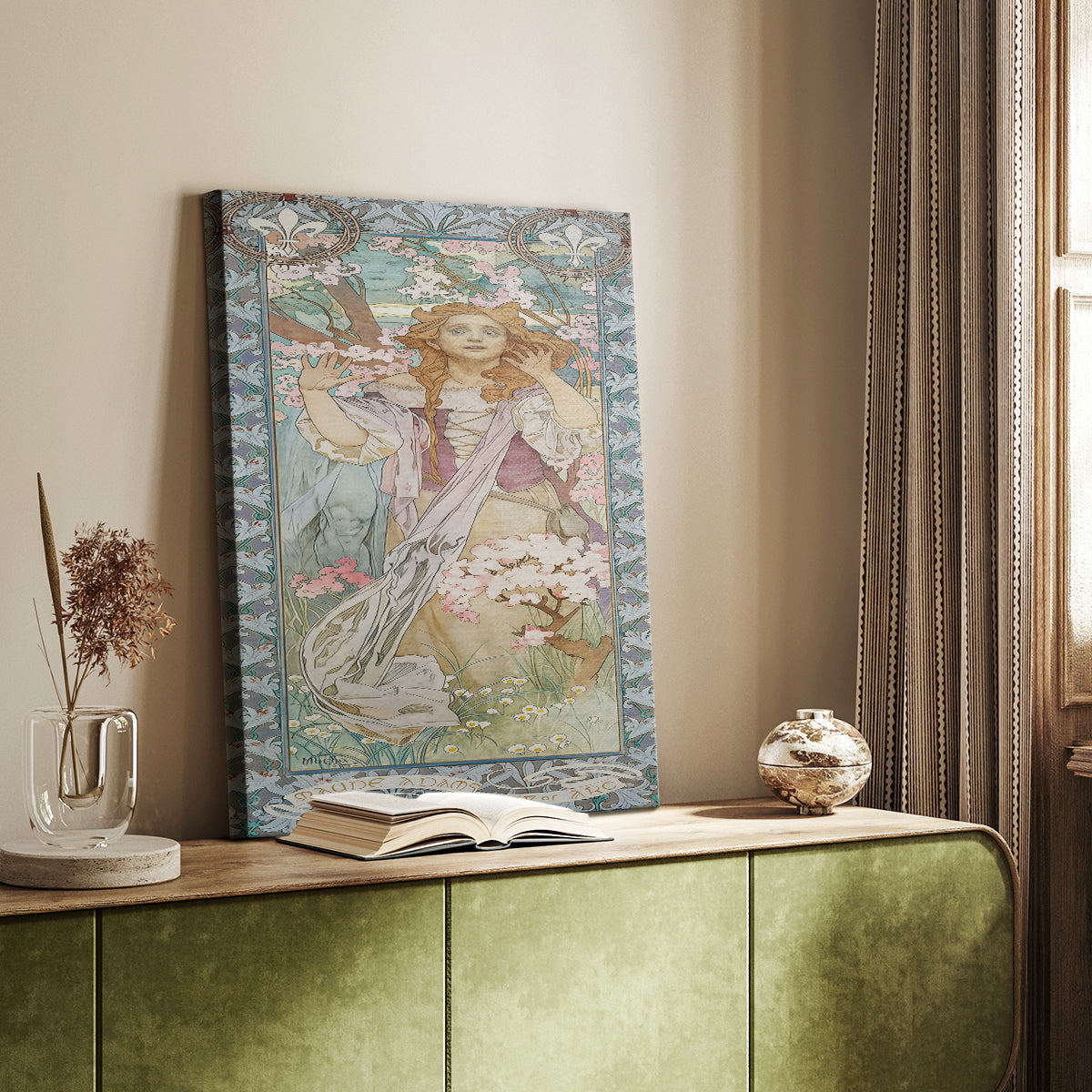 Canvas art print of a theatrical portrait of a woman in medieval armor with decorative framing styled in a home decor setting.