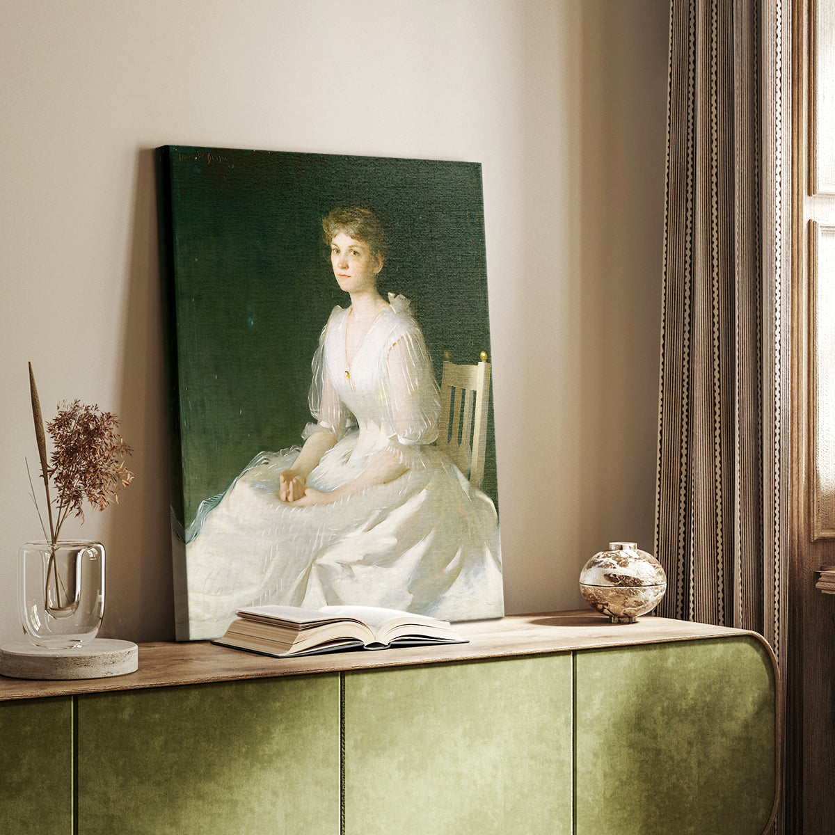 Canvas art print of a luminous figure with flowing fabric and gentle tones styled in a home decor setting.
