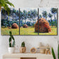 Three-panel canvas wall art featuring harvested grainstacks in field, displayed in a boho-chic entryway above a console table.