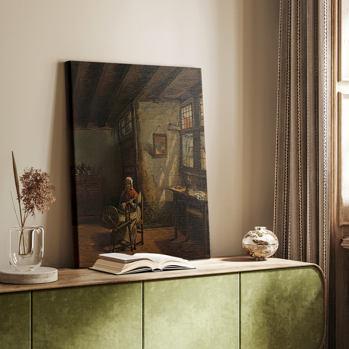 Canvas art print of a domestic moment with a figure at work in a quiet room styled in a home decor setting.