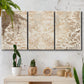 Three-panel canvas wall art featuring ornamental damask abstract pattern, displayed in a boho-chic entryway above a console table.