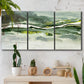 Three-panel canvas wall art featuring abstract passage of time composition, displayed in a boho-chic entryway above a console table.