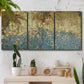 Three-panel canvas wall art featuring metallic abstract gold tones, displayed in a boho-chic entryway above a console table.