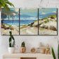 Three-panel canvas wall art featuring sand dunes beside open water, displayed in a boho-chic entryway above a console table.