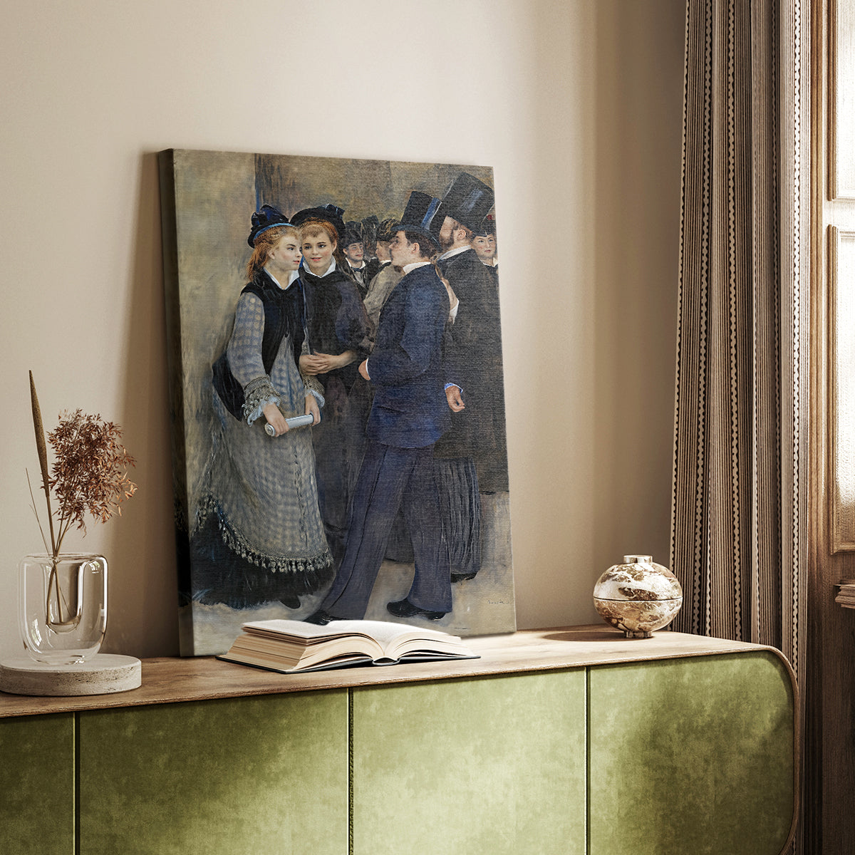 Canvas art print of a group scene with subtle movement and muted tones styled in a home decor setting.