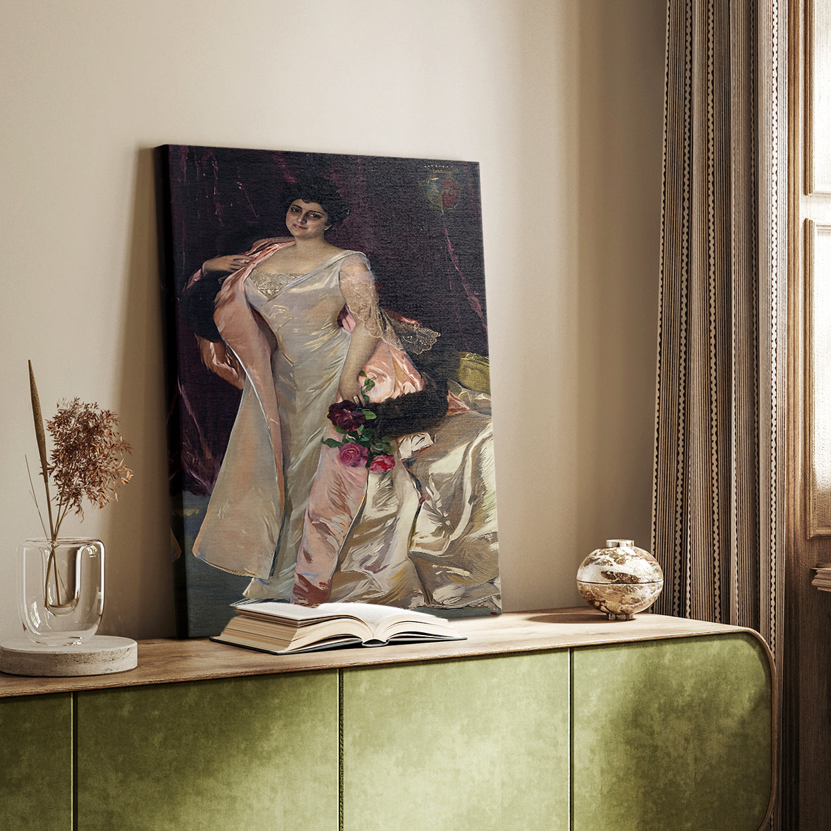 Canvas art print of a dignified figure with rich fabric and warm tones styled in a home decor setting.