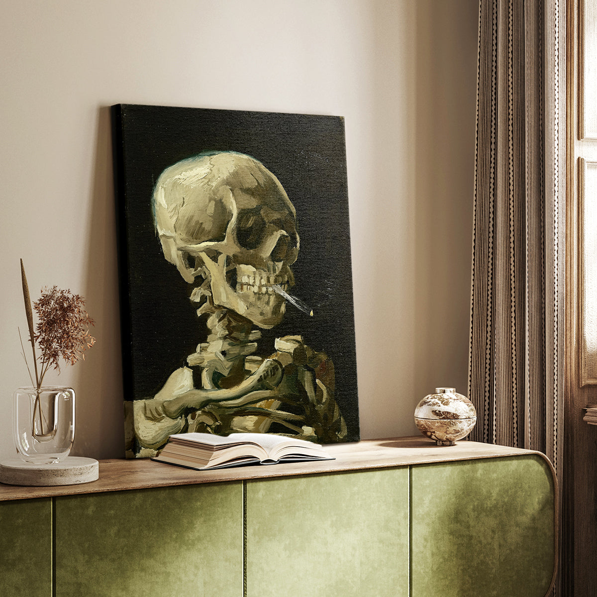 Canvas art print of a striking composition with skeletal figure and glowing cigarette styled in a home decor setting.