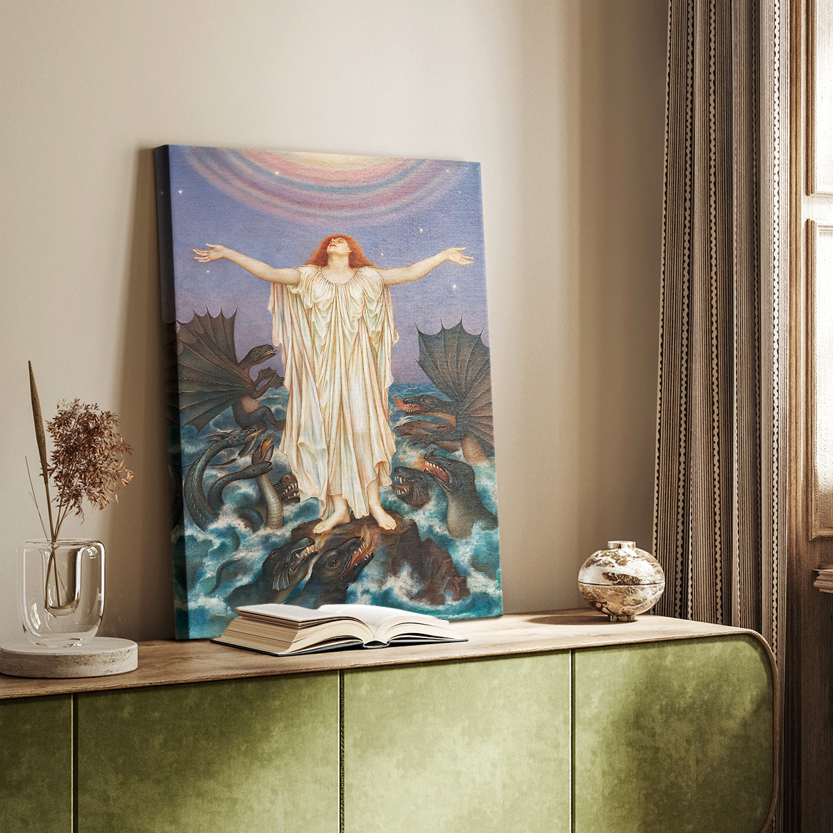 Canvas art print of a dramatic composition with outstretched figures in turmoil styled in a home decor setting.
